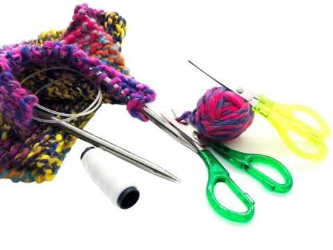 Knitting tools isolated on white background. Ball for knitting. Stock Photos