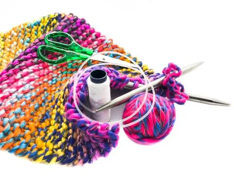 Knitting tools isolated on white background. Ball for knitting. Stock Photos