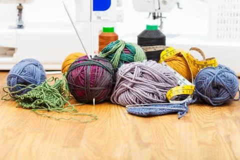 Knitting tools, threads and sewing machines Stock Photos