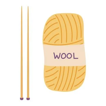 Knitting vector illustration set. Yellow wool yarn skein with label and wooden Illustrazione stock