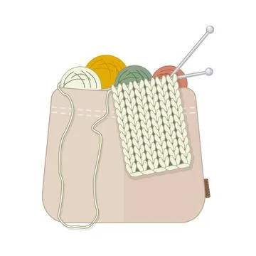 Knitting wool balls and needles in canvas tote basket. Handmade knitting kit Stock Illustration