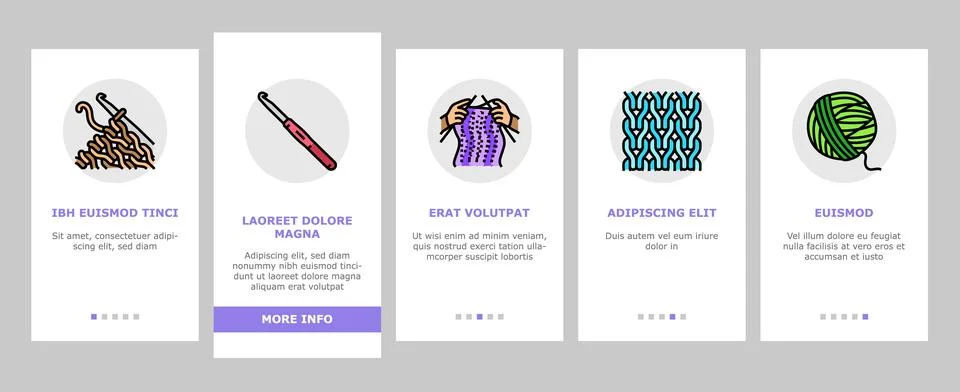 Knitting wool thread knit craft onboarding icons set vector Stock Illustration
