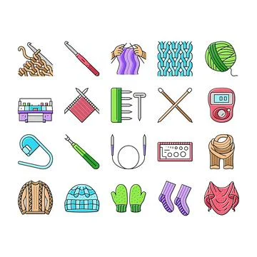 Knitting wool thread knit craft icons set vector 스톡 일러스트