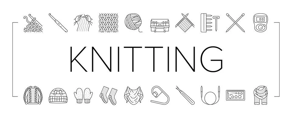 Knitting wool thread knit craft icons set vector Illustrazione stock
