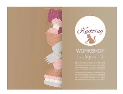 Knitting workshop and lessons poster, knitwear with threads, knitted scarf, cap Stock Illustration