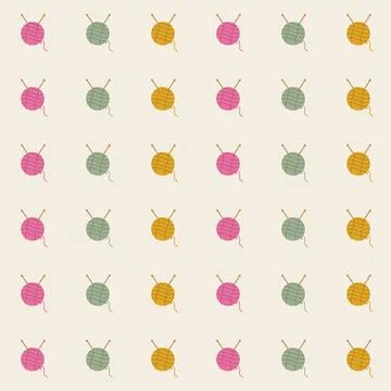 Knitting yarn balls seamless pattern with pink, green and mustard yarn and Stock Illustration