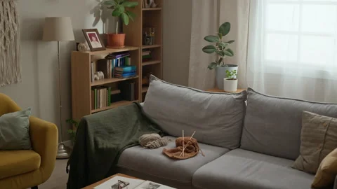 Knitting Yarn with Needles Resting in Cozy Living Room Stock Footage 340965392