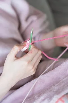 Knitting yarn process close up with hands 스톡 사진