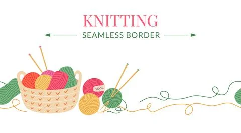 Knitting yarn seamless border. Horizontal border frame with colorful balls of Stock Illustration