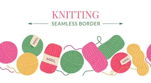 Knitting yarn seamless border vector illustration. Colorful balls of wool yarn Stock Illustration