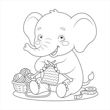 Knitting yarn wool basket elephant stitching fabric with needles and measur.. Stock Illustration