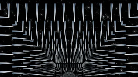 Knives. Driving through a tunnel of sharp arches. Animated 4K graphics. Stock-Footage 157300111