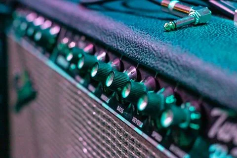 Knobs on Guitar Amplifier closeup, macro photo 库存照片