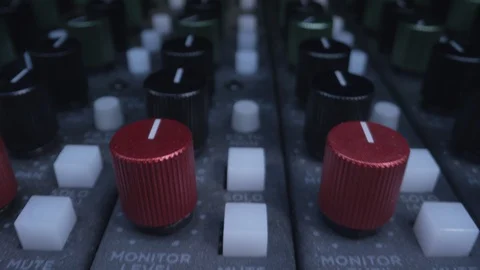 Knobs on a professional music mixer macro close up Video stock 128395891