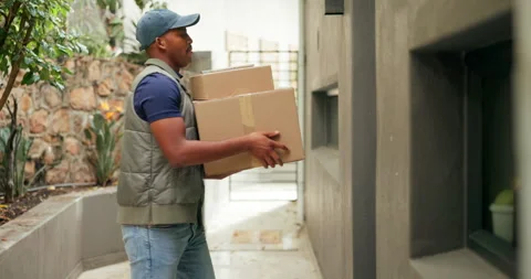 Knock, delivery man and front door with package for shipping, courier service Stock Footage 337451624