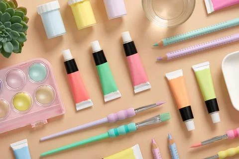 Knolling composition of objects for drawing. Acrylic paints, watercolor, goua Stock Photos