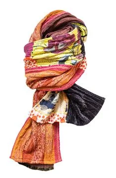 Knotted patchwork scarf from silk isolated Fotos de archivo