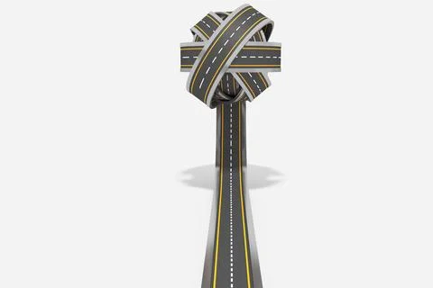Knotted road is looping in 3D render on white background, dashed lines and Stock Illustration