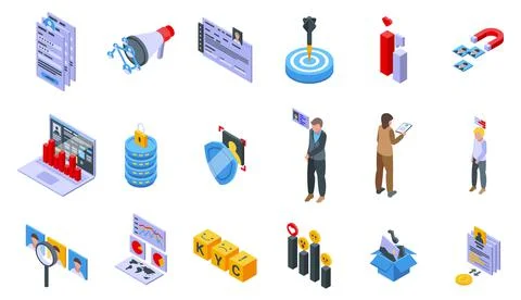 Know your client icons set isometric vector. Card cms Ilustración de archivo