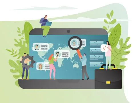 Know your customer concept, tiny people research client database online, vector Stock Illustration