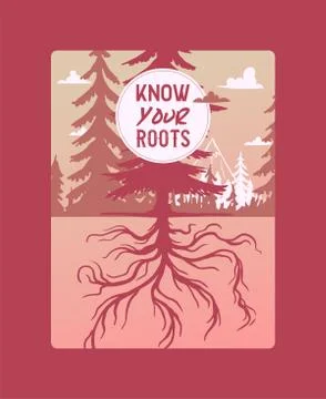 Know your roots. Forest pine tree card vector evergreen natural silhouette Illustrazione stock