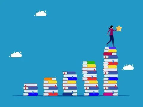 Knowledge achievement or a successful sequence of learning steps. woman holdi Illustrazione stock