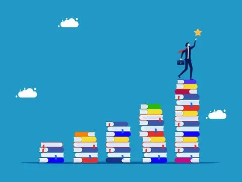 Knowledge achievement or a successful sequence of learning steps. man holding Illustrazione stock