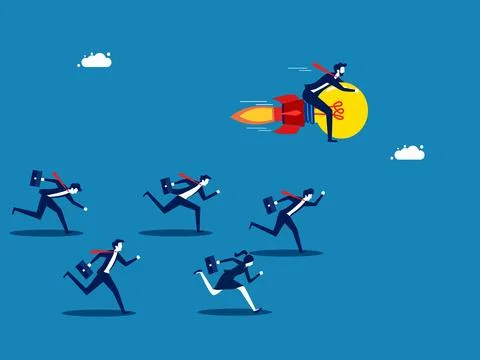 Knowledge advantage. Businessman flying with light bulb wins business compe.. Stock Illustration