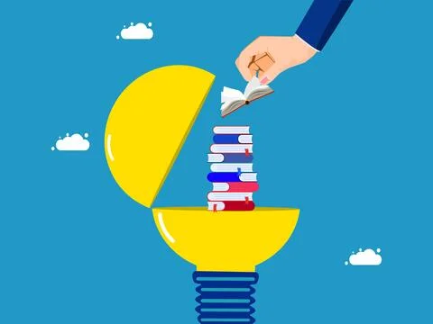 Knowledge and creativity. Businessman hand placing book on stack of books in  Stock Illustration