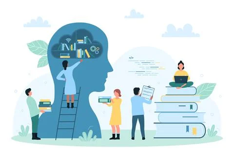 Knowledge and higher education, students study with books from bookshelf inside Illustrazione stock
