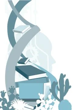 Knowledge and identity concept. DNA spiral, human head, and gears. Vectar ill Stock Illustration