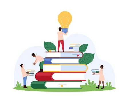 Knowledge and learning help in creation of new ideas, tiny people holding light 库存插图