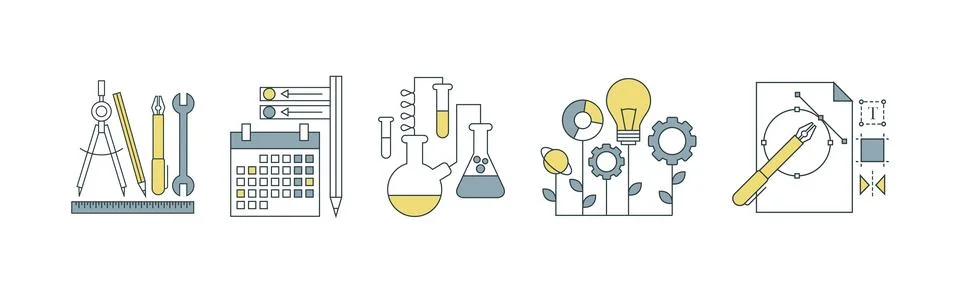 Knowledge and Science Creative Process Thin line Flat Icon Vector Set Stock Illustration