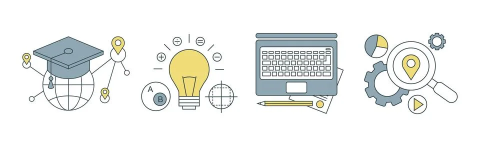 Knowledge and Science Creative Process Thin line Flat Icon Vector Set Stock Illustration