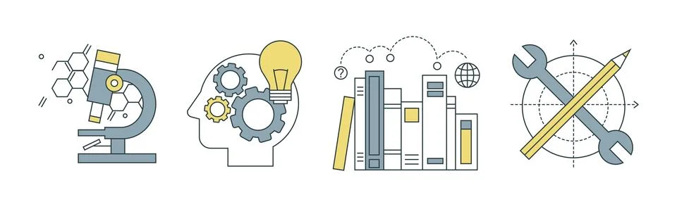 Knowledge and Science Creative Process Thin line Flat Icon Vector Set Stock Illustration