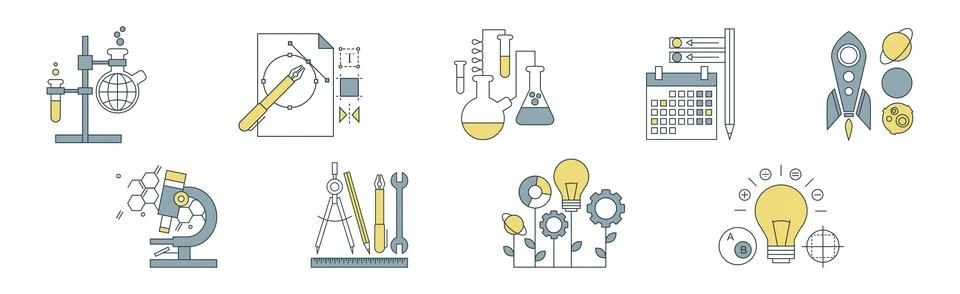Knowledge and Science Creative Process Thin line Flat Icon Vector Set Stock Illustration
