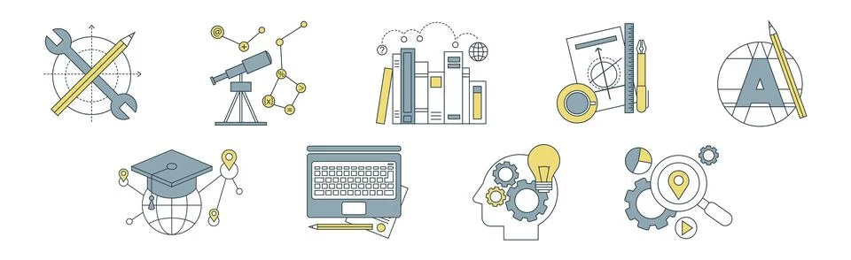 Knowledge and Science Creative Process Thin line Flat Icon Vector Set Stock Illustration