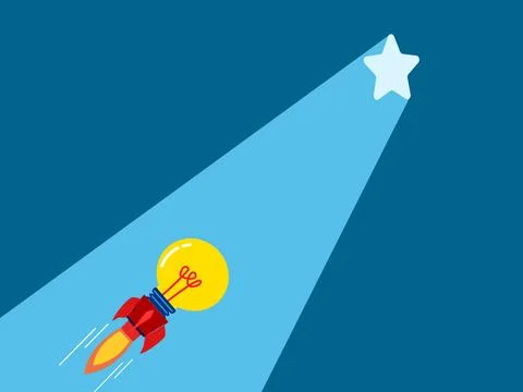 Knowledge and success. Lightbulb rocket flies towards the star door Stock Illustration