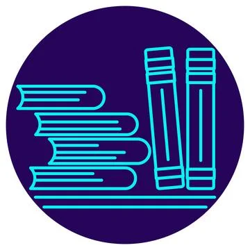 Knowledge Base Icon. Minimalistic neon outline on a dark blue round backgroun Stock Illustration