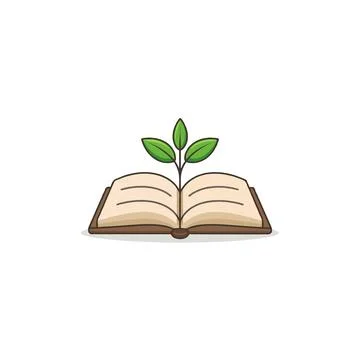 Knowledge Blooms: An open book with sprouting leaves depicts the growth of .. Stock Illustration