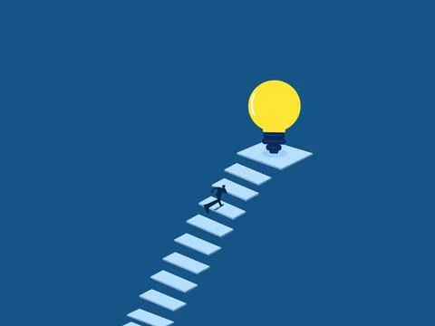 Knowledge, Businessman runs up the stairs to the light bulb Stock Illustration