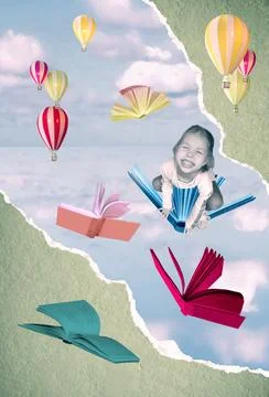 Knowledge concept. Calming book. Small child - little girl and blue sky - art Illustrazione stock