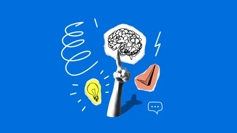 Knowledge concept. Halftone hand points its finger at the brain Stockbeeldmateriaal 331216071