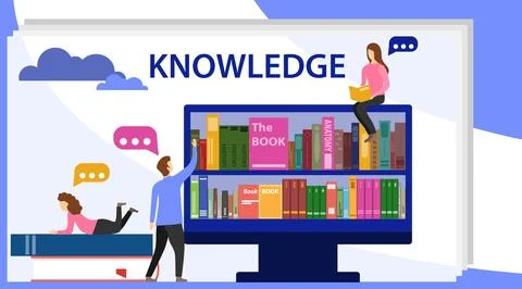 Knowledge concept. A man pulls a book from the computer screen. Stock Illustration