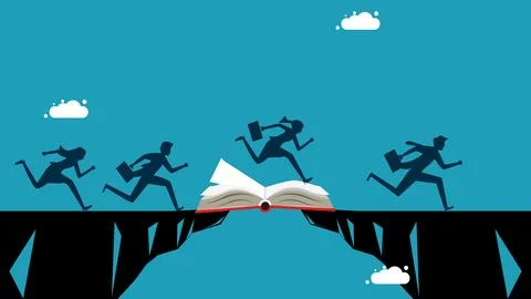 Knowledge creates opportunities. group of businessmen running through the gap Stock Illustration