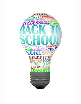 Knowledge day. A light bulb is composed of many words about education. Stock Illustration