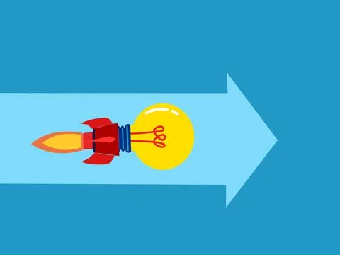 Knowledge development. Lightbulb rocket flies along the arrow heading forward Stock Illustration