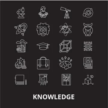 Knowledge editable line icons vector set on black background. Knowledge white Stock Illustration