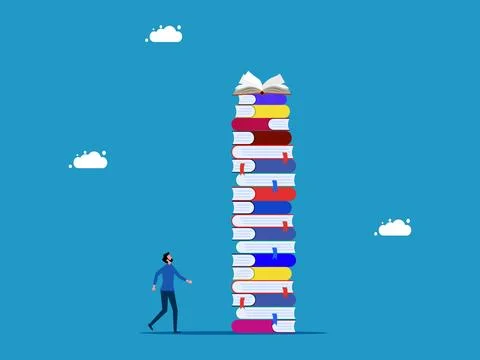 Knowledge is endless. man standing and looking at stacks of books rising up Stock Illustration