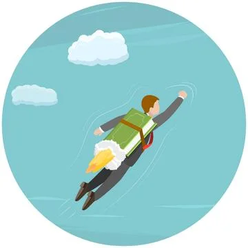 Knowledge is freedom flat isometric concept. Man is flying high to the sky... Stock Photos